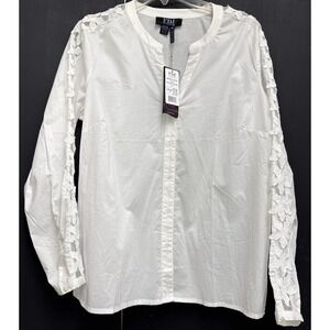 FDJ French Dressing Blouse White Button Front 3D Daisy Applique Sleeve Size 10